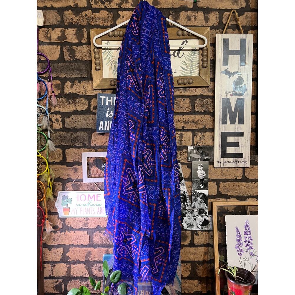 Blue with pink and red orange details one size scarf